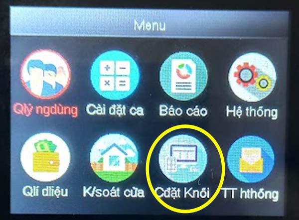 Mục cài đặt kết nối trong menu máy chấm công vân tay ronald jack 9300pro